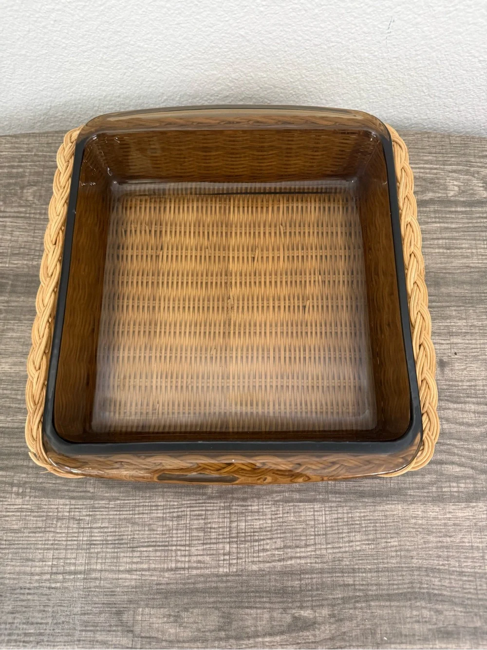 PYREX Fireside Square Amber Glass Casserole Dish with woven Basket Vintage